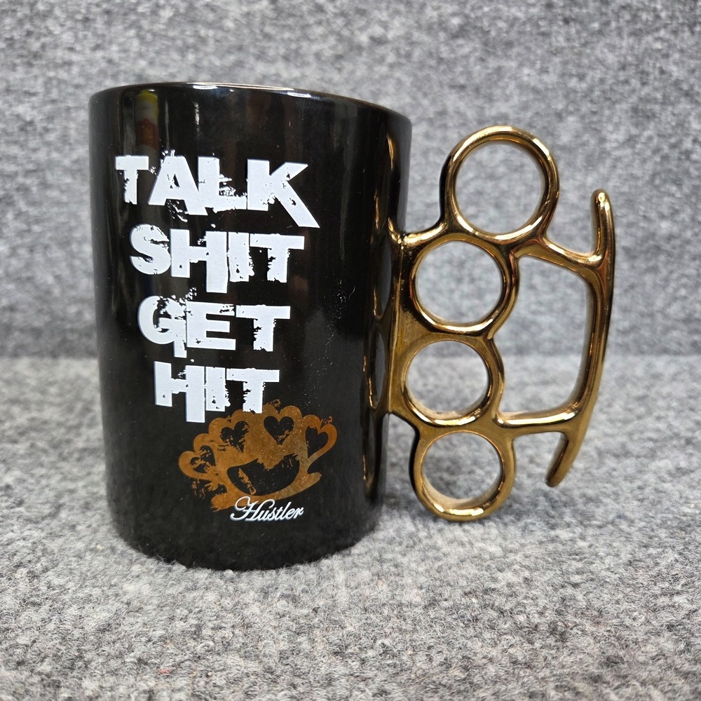 Hustler Brass Knuckles Handle Coffee Mug Black with Novelty Phrase Y2k